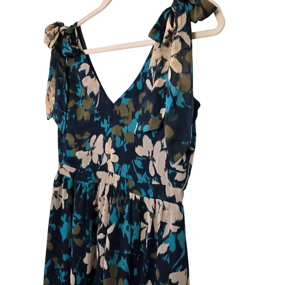 NWT LOFT Beige/Teal Floral Ruffle with Shoulder-Ties Dress - Picture 5 of 9